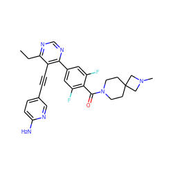 CCc1ncnc(-c2cc(F)c(C(=O)N3CCC4(CC3)CN(C)C4)c(F)c2)c1C#Cc1ccc(N)nc1 ZINC000167479334