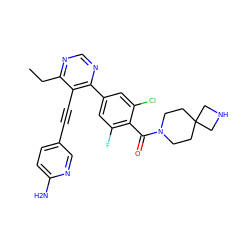 CCc1ncnc(-c2cc(F)c(C(=O)N3CCC4(CC3)CNC4)c(Cl)c2)c1C#Cc1ccc(N)nc1 ZINC000148674596