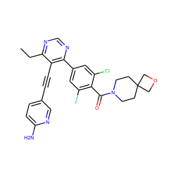 CCc1ncnc(-c2cc(F)c(C(=O)N3CCC4(CC3)COC4)c(Cl)c2)c1C#Cc1ccc(N)nc1 ZINC000167411772