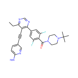 CCc1ncnc(-c2cc(F)c(C(=O)N3CCN(C(C)(C)C)CC3)c(F)c2)c1C#Cc1ccc(N)nc1 ZINC000148282767