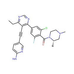 CCc1ncnc(-c2cc(F)c(C(=O)N3CCN(C)C[C@@H]3C)c(Cl)c2)c1C#Cc1ccc(N)nc1 ZINC000167481314