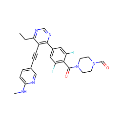 CCc1ncnc(-c2cc(F)c(C(=O)N3CCN(C=O)CC3)c(F)c2)c1C#Cc1ccc(NC)nc1 ZINC000169700689