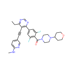 CCc1ncnc(-c2cc(F)c(C(=O)N3CCN(C4CCOCC4)CC3)c(F)c2)c1C#Cc1ccc(NC)nc1 ZINC000148676396