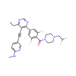 CCc1ncnc(-c2cc(F)c(C(=O)N3CCN(CC(F)F)CC3)c(F)c2)c1C#Cc1ccc(NC)nc1 ZINC000167429637