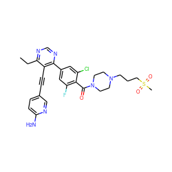 CCc1ncnc(-c2cc(F)c(C(=O)N3CCN(CCCS(C)(=O)=O)CC3)c(Cl)c2)c1C#Cc1ccc(N)nc1 ZINC000148875550