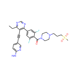 CCc1ncnc(-c2cc(F)c(C(=O)N3CCN(CCCS(C)(=O)=O)CC3)c(F)c2)c1C#Cc1ccc(N)nc1 ZINC000148836949