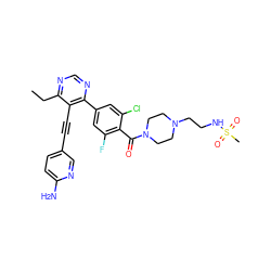 CCc1ncnc(-c2cc(F)c(C(=O)N3CCN(CCNS(C)(=O)=O)CC3)c(Cl)c2)c1C#Cc1ccc(N)nc1 ZINC000167412740