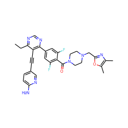 CCc1ncnc(-c2cc(F)c(C(=O)N3CCN(Cc4nc(C)c(C)o4)CC3)c(F)c2)c1C#Cc1ccc(N)nc1 ZINC000148684000