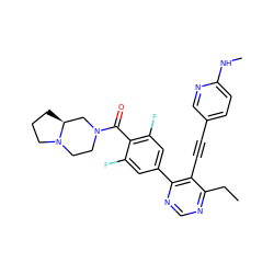 CCc1ncnc(-c2cc(F)c(C(=O)N3CCN4CCC[C@H]4C3)c(F)c2)c1C#Cc1ccc(NC)nc1 ZINC000169700685