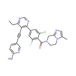 CCc1ncnc(-c2cc(F)c(C(=O)N3CCn4c(C)cnc4C3)c(Cl)c2)c1C#Cc1ccc(N)nc1 ZINC000148497141