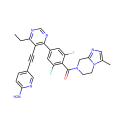 CCc1ncnc(-c2cc(F)c(C(=O)N3CCn4c(C)cnc4C3)c(F)c2)c1C#Cc1ccc(N)nc1 ZINC000167408681