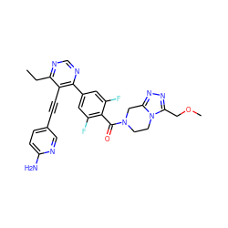 CCc1ncnc(-c2cc(F)c(C(=O)N3CCn4c(COC)nnc4C3)c(F)c2)c1C#Cc1ccc(N)nc1 ZINC000148417132