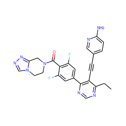 CCc1ncnc(-c2cc(F)c(C(=O)N3CCn4cnnc4C3)c(F)c2)c1C#Cc1ccc(N)nc1 ZINC000167408438