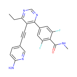 CCc1ncnc(-c2cc(F)c(C(=O)NC)c(F)c2)c1C#Cc1ccc(N)nc1 ZINC000167365781