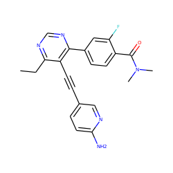 CCc1ncnc(-c2ccc(C(=O)N(C)C)c(F)c2)c1C#Cc1ccc(N)nc1 ZINC000148256815