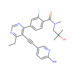 CCc1ncnc(-c2ccc(C(=O)N(C)CC(C)(C)O)c(F)c2)c1C#Cc1ccc(N)nc1 ZINC000148517225