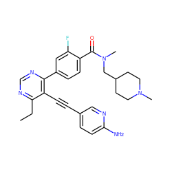 CCc1ncnc(-c2ccc(C(=O)N(C)CC3CCN(C)CC3)c(F)c2)c1C#Cc1ccc(N)nc1 ZINC000148867386