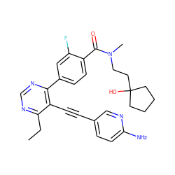 CCc1ncnc(-c2ccc(C(=O)N(C)CCC3(O)CCCC3)c(F)c2)c1C#Cc1ccc(N)nc1 ZINC000148576360