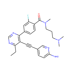 CCc1ncnc(-c2ccc(C(=O)N(C)CCCN(C)C)c(F)c2)c1C#Cc1ccc(N)nc1 ZINC000148329370