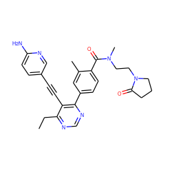 CCc1ncnc(-c2ccc(C(=O)N(C)CCN3CCCC3=O)c(C)c2)c1C#Cc1ccc(N)nc1 ZINC000167396482