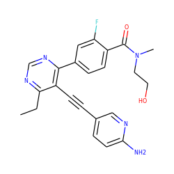 CCc1ncnc(-c2ccc(C(=O)N(C)CCO)c(F)c2)c1C#Cc1ccc(N)nc1 ZINC000148748612