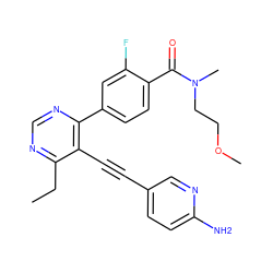 CCc1ncnc(-c2ccc(C(=O)N(C)CCOC)c(F)c2)c1C#Cc1ccc(N)nc1 ZINC000148748854