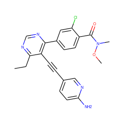 CCc1ncnc(-c2ccc(C(=O)N(C)OC)c(Cl)c2)c1C#Cc1ccc(N)nc1 ZINC000167385796