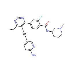 CCc1ncnc(-c2ccc(C(=O)N[C@@H]3CCCN(C)C3)c(F)c2)c1C#Cc1ccc(N)nc1 ZINC000148337953