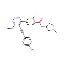 CCc1ncnc(-c2ccc(C(=O)N[C@@H]3CCN(C)C3)c(F)c2)c1C#Cc1ccc(N)nc1 ZINC000148696725