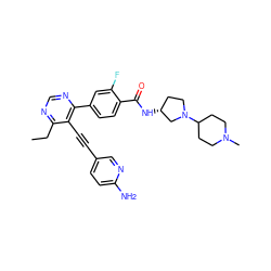 CCc1ncnc(-c2ccc(C(=O)N[C@@H]3CCN(C4CCN(C)CC4)C3)c(F)c2)c1C#Cc1ccc(N)nc1 ZINC000148639073