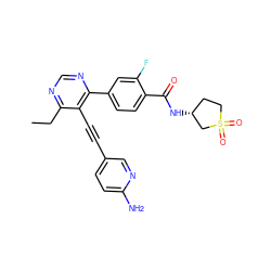 CCc1ncnc(-c2ccc(C(=O)N[C@@H]3CCS(=O)(=O)C3)c(F)c2)c1C#Cc1ccc(N)nc1 ZINC000148732126