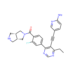 CCc1ncnc(-c2ccc(C(=O)N3C[C@@H]4CNC[C@@H]4C3)c(F)c2)c1C#Cc1ccc(N)nc1 ZINC000148961761