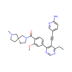 CCc1ncnc(-c2ccc(C(=O)N3CC[C@@]4(CCN(C)C4)C3)c(OC)c2)c1C#Cc1ccc(N)nc1 ZINC000148809426