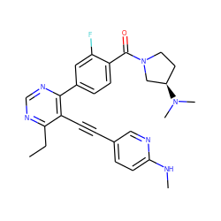 CCc1ncnc(-c2ccc(C(=O)N3CC[C@@H](N(C)C)C3)c(F)c2)c1C#Cc1ccc(NC)nc1 ZINC000148867134