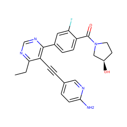 CCc1ncnc(-c2ccc(C(=O)N3CC[C@@H](O)C3)c(F)c2)c1C#Cc1ccc(N)nc1 ZINC000148330976