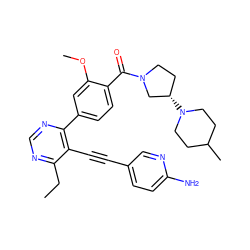 CCc1ncnc(-c2ccc(C(=O)N3CC[C@H](N4CCC(C)CC4)C3)c(OC)c2)c1C#Cc1ccc(N)nc1 ZINC000148385630