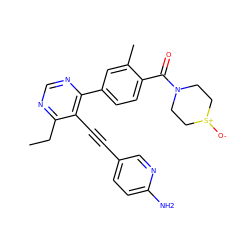 CCc1ncnc(-c2ccc(C(=O)N3CC[S+]([O-])CC3)c(C)c2)c1C#Cc1ccc(N)nc1 ZINC000167401649