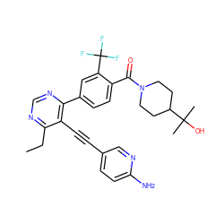 CCc1ncnc(-c2ccc(C(=O)N3CCC(C(C)(C)O)CC3)c(C(F)(F)F)c2)c1C#Cc1ccc(N)nc1 ZINC000167437754