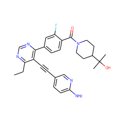 CCc1ncnc(-c2ccc(C(=O)N3CCC(C(C)(C)O)CC3)c(F)c2)c1C#Cc1ccc(N)nc1 ZINC000148666719