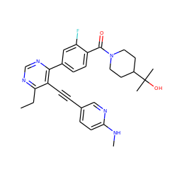 CCc1ncnc(-c2ccc(C(=O)N3CCC(C(C)(C)O)CC3)c(F)c2)c1C#Cc1ccc(NC)nc1 ZINC000148675474