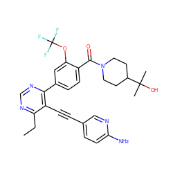 CCc1ncnc(-c2ccc(C(=O)N3CCC(C(C)(C)O)CC3)c(OC(F)(F)F)c2)c1C#Cc1ccc(N)nc1 ZINC000167435624