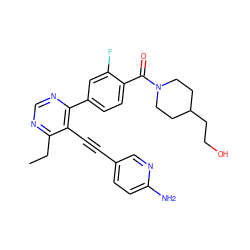 CCc1ncnc(-c2ccc(C(=O)N3CCC(CCO)CC3)c(F)c2)c1C#Cc1ccc(N)nc1 ZINC000148952216