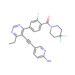 CCc1ncnc(-c2ccc(C(=O)N3CCC(F)(F)CC3)c(F)c2)c1C#Cc1ccc(N)nc1 ZINC000167415227