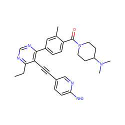 CCc1ncnc(-c2ccc(C(=O)N3CCC(N(C)C)CC3)c(C)c2)c1C#Cc1ccc(N)nc1 ZINC000148878283