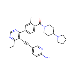 CCc1ncnc(-c2ccc(C(=O)N3CCC(N4CCCC4)CC3)c(C)c2)c1C#Cc1ccc(N)nc1 ZINC000167404055