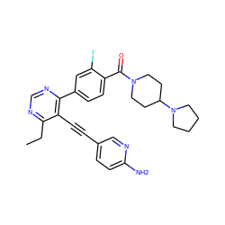 CCc1ncnc(-c2ccc(C(=O)N3CCC(N4CCCC4)CC3)c(F)c2)c1C#Cc1ccc(N)nc1 ZINC000148676155