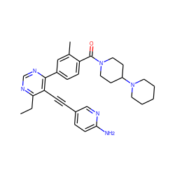 CCc1ncnc(-c2ccc(C(=O)N3CCC(N4CCCCC4)CC3)c(C)c2)c1C#Cc1ccc(N)nc1 ZINC000148409480