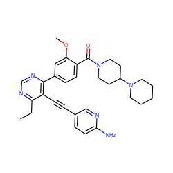 CCc1ncnc(-c2ccc(C(=O)N3CCC(N4CCCCC4)CC3)c(OC)c2)c1C#Cc1ccc(N)nc1 ZINC000148485964