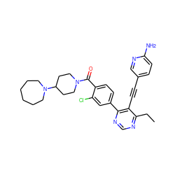 CCc1ncnc(-c2ccc(C(=O)N3CCC(N4CCCCCC4)CC3)c(Cl)c2)c1C#Cc1ccc(N)nc1 ZINC000148244510