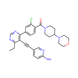 CCc1ncnc(-c2ccc(C(=O)N3CCC(N4CCOCC4)CC3)c(Cl)c2)c1C#Cc1ccc(N)nc1 ZINC000167382981